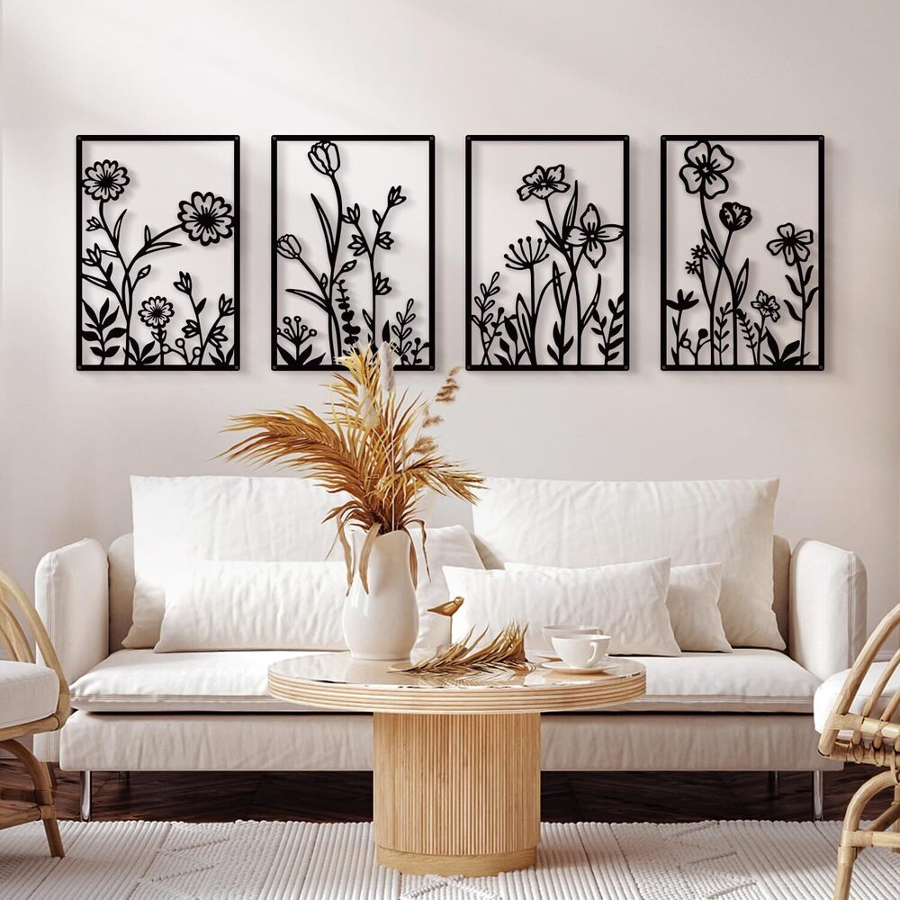 1481 Black Metal Flowers Wall Decor Minimalist Floral Wall Hanging Art